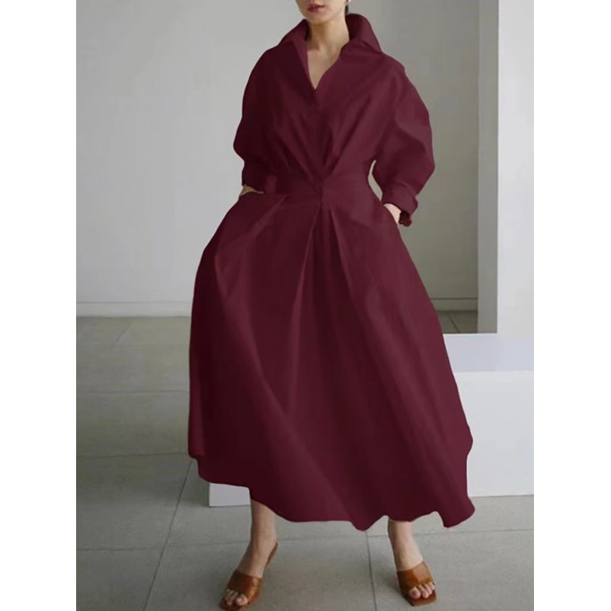 Women's Solid Pocket Button Lapel Long Sleeve Maxi Shirt Casual Dress