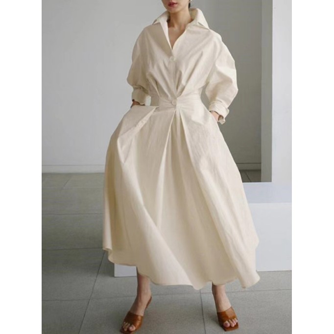 Women's Solid Pocket Button Lapel Long Sleeve Maxi Shirt Casual Dress