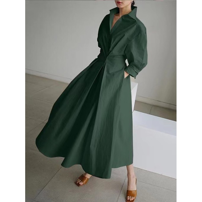 Women's Solid Pocket Button Lapel Long Sleeve Maxi Shirt Casual Dress