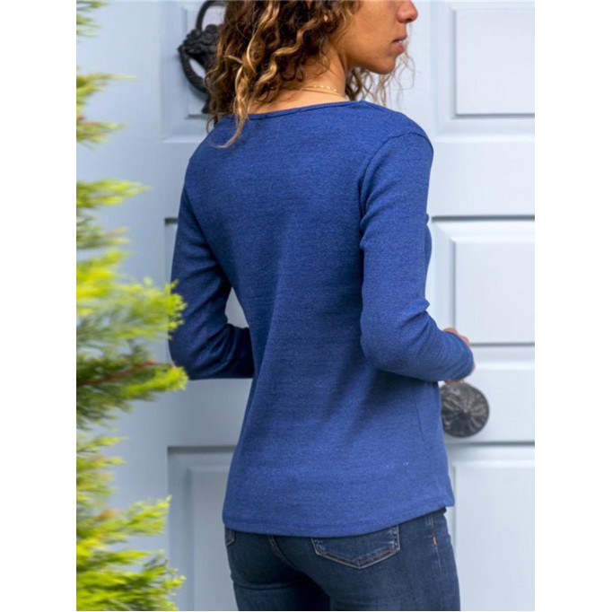 Women's T-Shirts Solid V-Neck Button Long Sleeve Casual T-Shirt