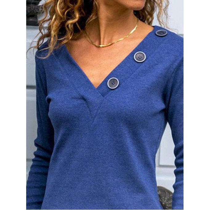 Women's T-Shirts Solid V-Neck Button Long Sleeve Casual T-Shirt