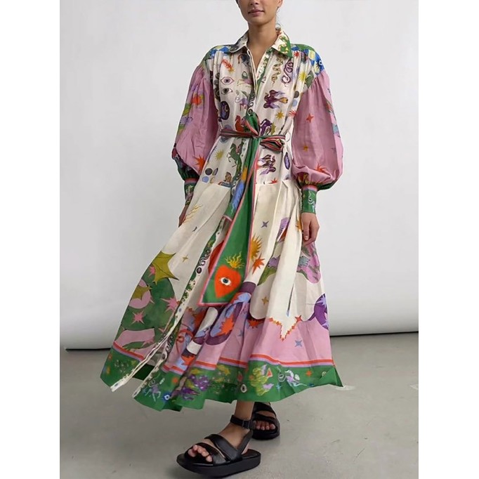 Women's Temperament Printed Lantern Sleeve Lapel Waist Long Sleeve Dresses