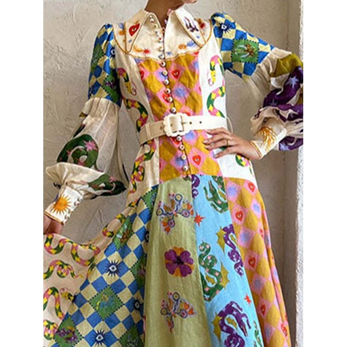 Women's Temperament Printed Lantern Sleeve Lapel Waist Long Sleeve Dresses