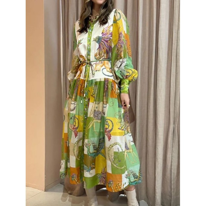 Women's Temperament Printed Lantern Sleeve Lapel Waist Long Sleeve Dresses