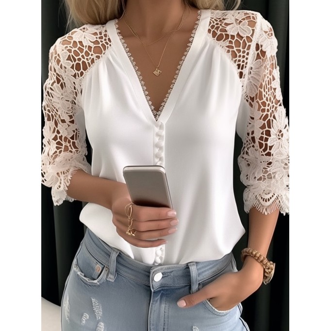 Women's V-neck lace patchwork shirt