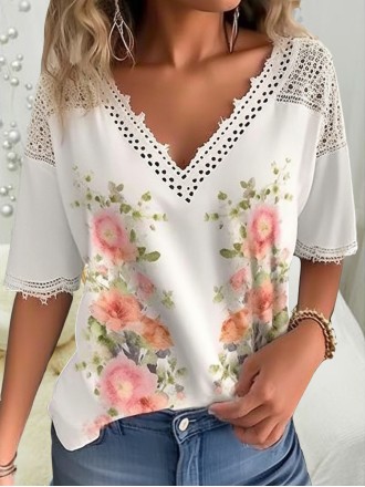 Women's V-neck printed lace patchwork shirt