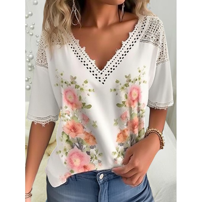 Women's V-neck printed lace patchwork shirt