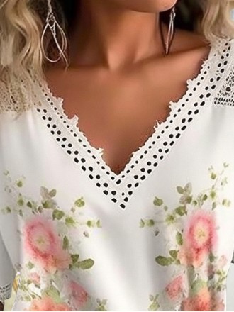 Women's V-neck printed lace patchwork shirt