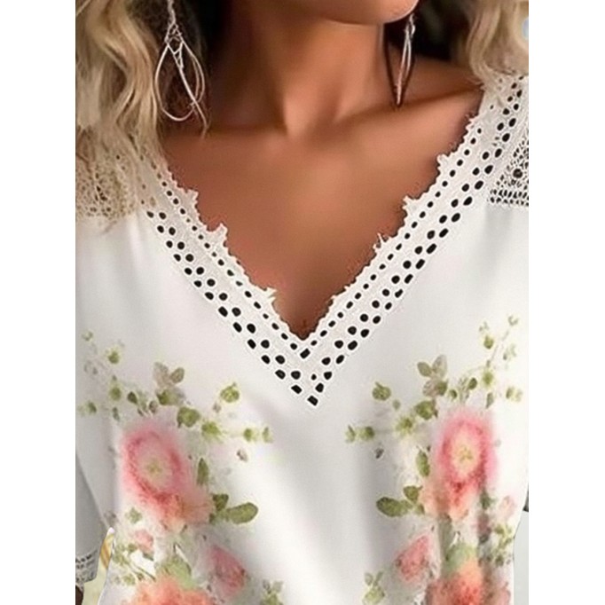 Women's V-neck printed lace patchwork shirt