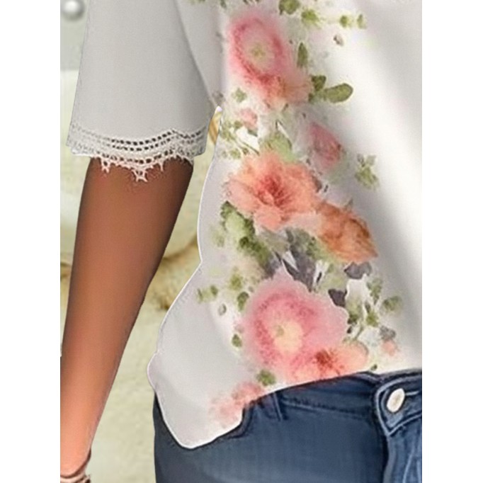 Women's V-neck printed lace patchwork shirt