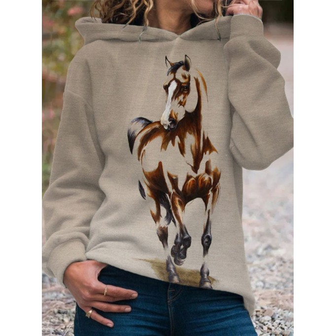 Women's Vintage Horse Print Hooded Sweatshirt