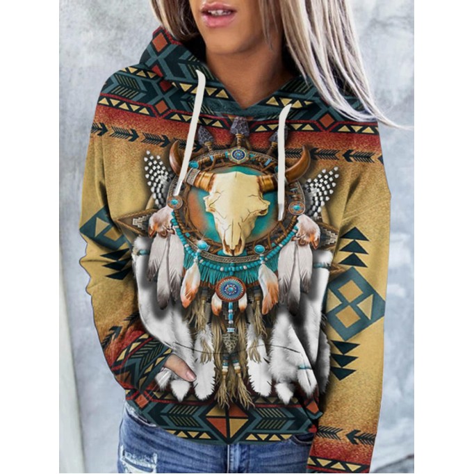 Women's Vintage Western Cow Head Print Hoodie