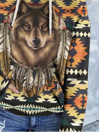 Women's Vintage Wolf and Bull Head Print Hoodie