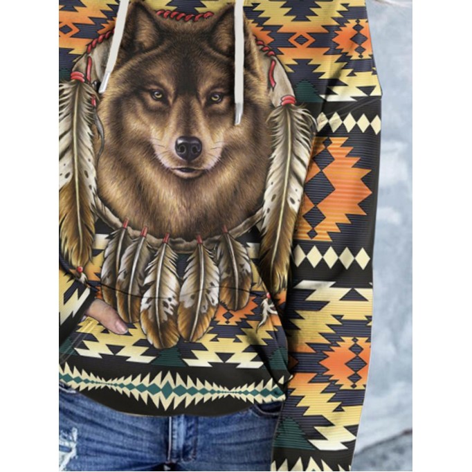 Women's Vintage Wolf and Bull Head Print Hoodie