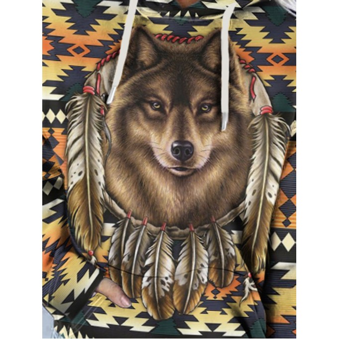 Women's Vintage Wolf and Bull Head Print Hoodie