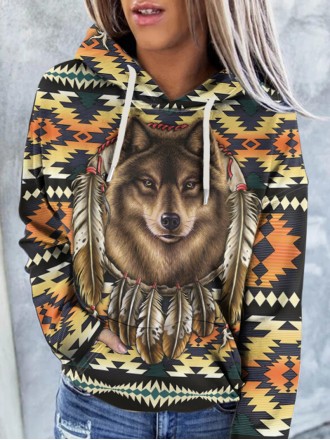 Women's Vintage Wolf and Bull Head Print Hoodie