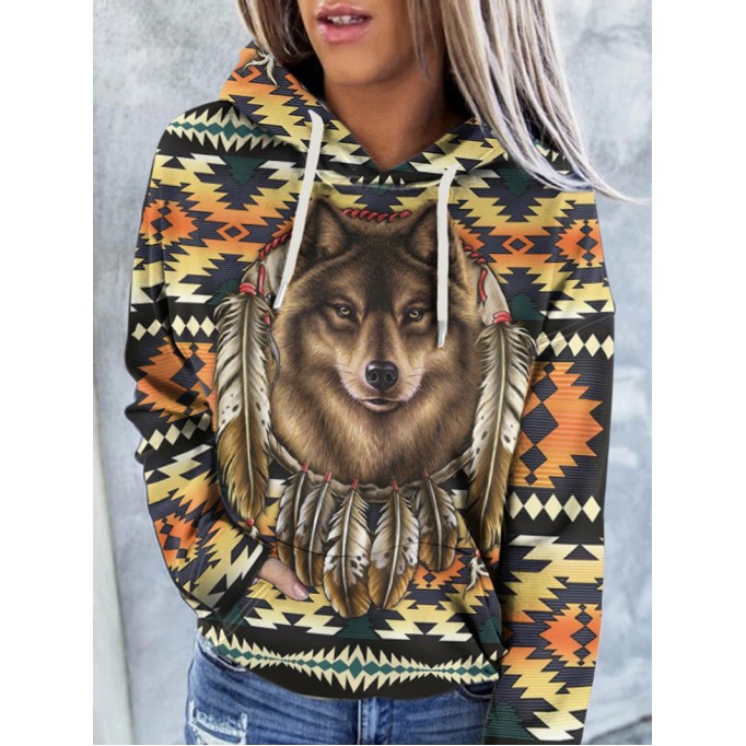 Women's Vintage Wolf and Bull Head Print Hoodie