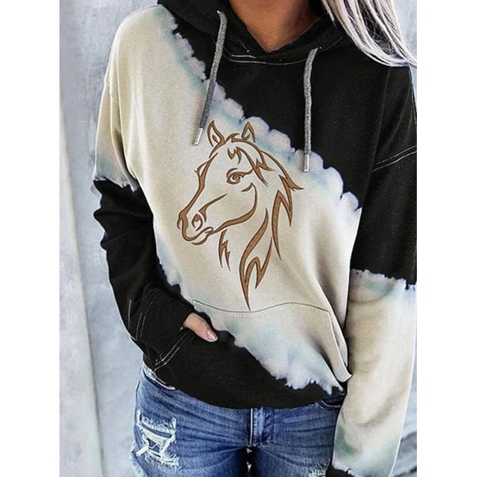 Women's Western Color Block Horse Print Hoodie