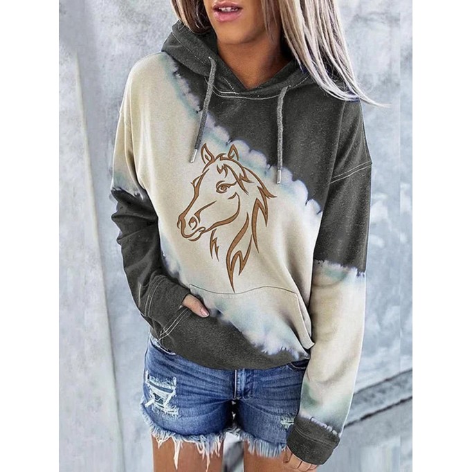 Women's Western Color Block Horse Print Hoodie