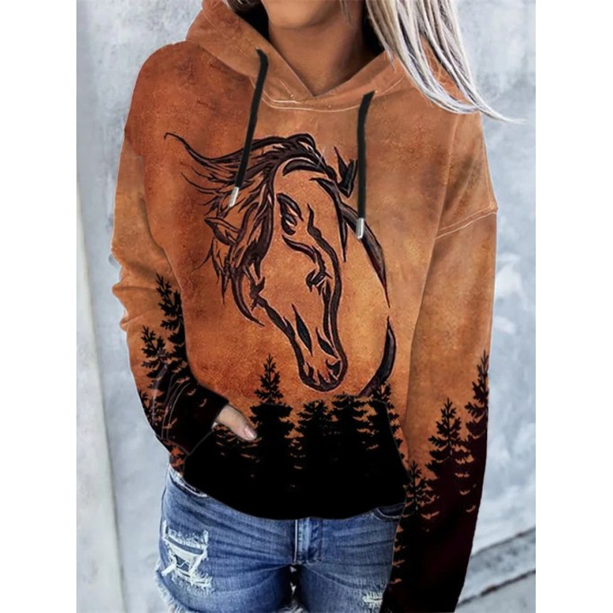 Women'S Western Horse Art Print Hoodie