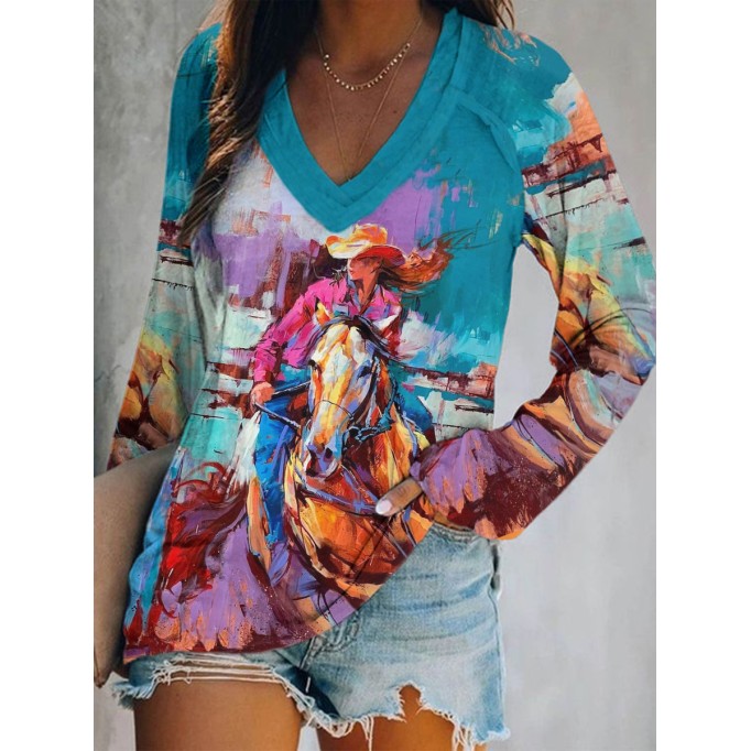 Women's Western Oil Painting Long Sleeve T-Shirt