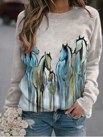 Women's Western Vintage Oil Painting Horse Print Sweatshirt