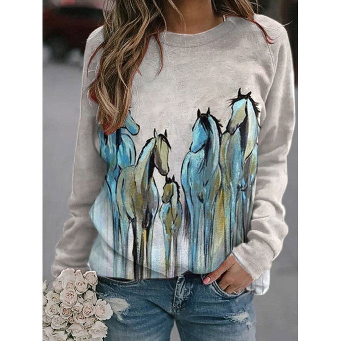 Women's Western Vintage Oil Painting Horse Print Sweatshirt