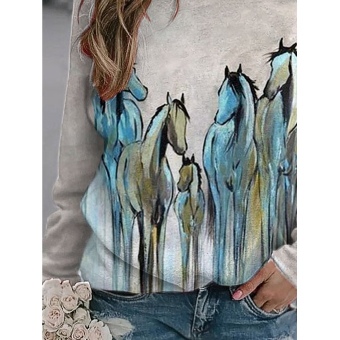 Women's Western Vintage Oil Painting Horse Print Sweatshirt