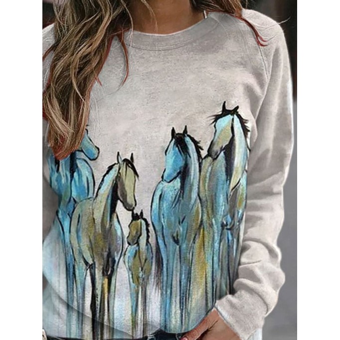 Women's Western Vintage Oil Painting Horse Print Sweatshirt