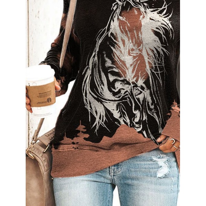 Women's Western Woods Horse Cowgirls Silhouette Print Sweatshirt