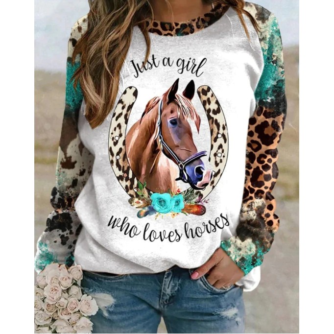 Womens Western Cowgirl Style Horse Feather Tribal Print Casual T-Shirt Top