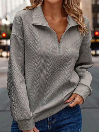 Zipper Solid Embossed Sweater