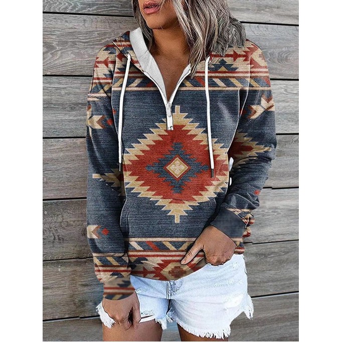 Zipper Western Printed Hoodie